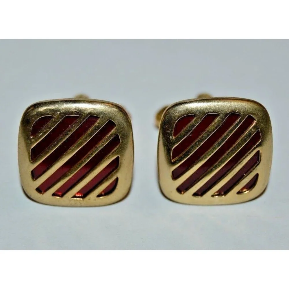 Vintage Brass with Red Accents 1960s Classic Men's Cuff Links & Tie Bar Set Rare